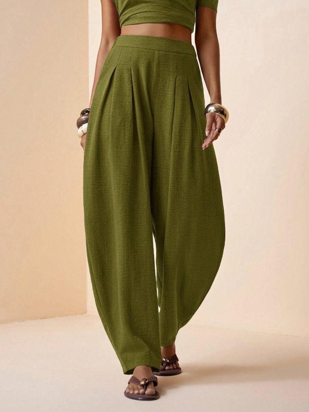 Army Green Casual Women's French-Style Pleated Pants